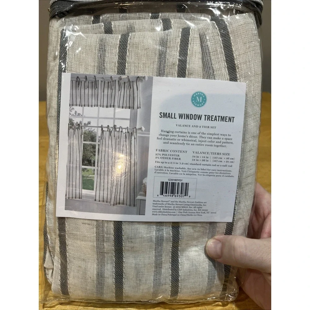 Martha Stewart Small Window Curtain‎ Set Tiers Valance Gray Laguna Stripe Woven